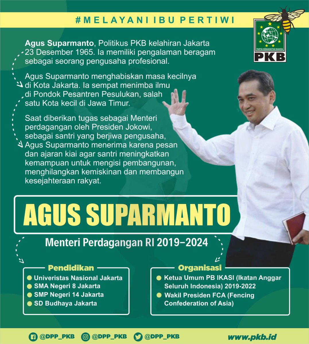 DPP_PKB's tweet photo. Mengenal sosok Agus Suparmanto, Santri multitalenta yang dipercaya menjabat Menteri Perdagangan. 
Selamat bekerja #MelayaniIbuPertiwi 
@cakimiNOW https://t.co/FrsrudqrZ1