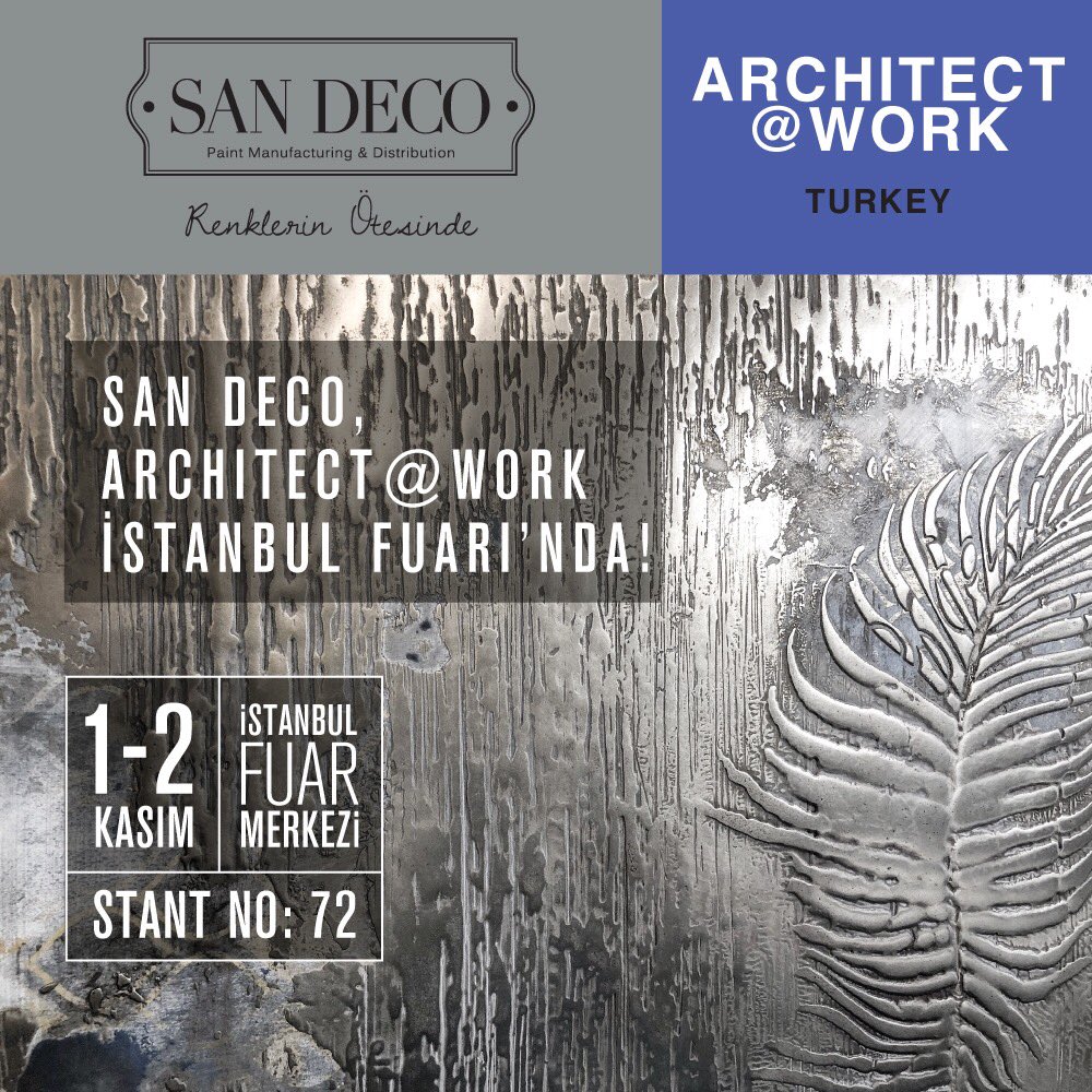 San Deco, Architect @ Work İstanbul Fuarı'nda renklerin ötesine taşıyacağı ziyaretçilerini bekliyor.                            Yer: İstanbul Fuar Merkezi Tarih: 1-2 Kasım Stant No: 72                 #sandeco #architectatwork #istanbul #fuar #istanbulfuarmerkezi