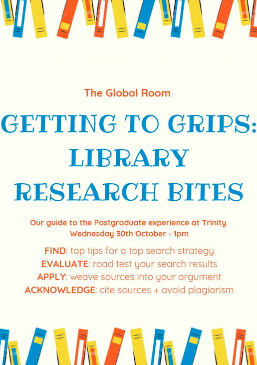 tcdglobal's tweet photo. Make most of your time as a postgraduate student. Join @TCDGlobalRoom in their next "Getting to Grips" event: Library Research Bites. This event will help you gain skills to research and write. Happening on Wednesday the 30th of October at 1pm, not to be missed! #StudyInTrinity https://t.co/aXKWFFuz5H