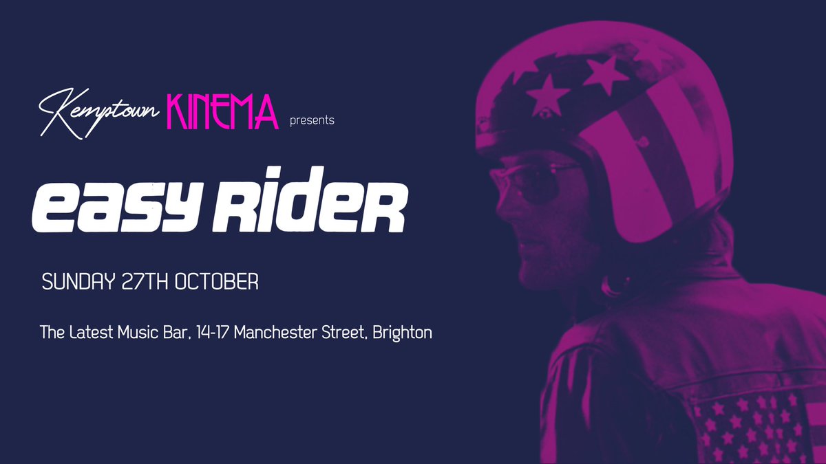 KemptownKinema's tweet photo. Tomorrow!! We launch with a screening of Easy Rider at @latestbrighton to help raise money for local charity  @thectsbrighton 
Doors 6pm, film starts 7pm  advance tickets here for £7 or £9 on the door https://t.co/CrTYalUyZZ https://t.co/wDjzVfzCZh