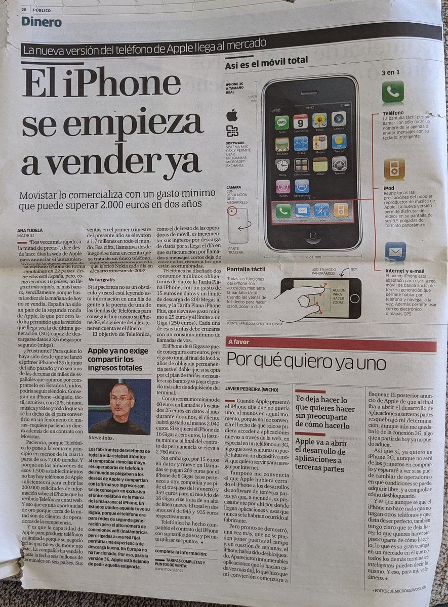 Mi padre solía guardar páginas de periódico que contenían noticias importantes para él o para nosotros 💕. Hoy he visto esto entre mis cosas viejas, de cuando el iPhone 3G llegó a España, por <a href="/latule/">Ana Tudela Flores</a> y <a href="/wicho/">Wicho</a>.

Seis años después comencé a escribir sobre tecnología. Pasión.