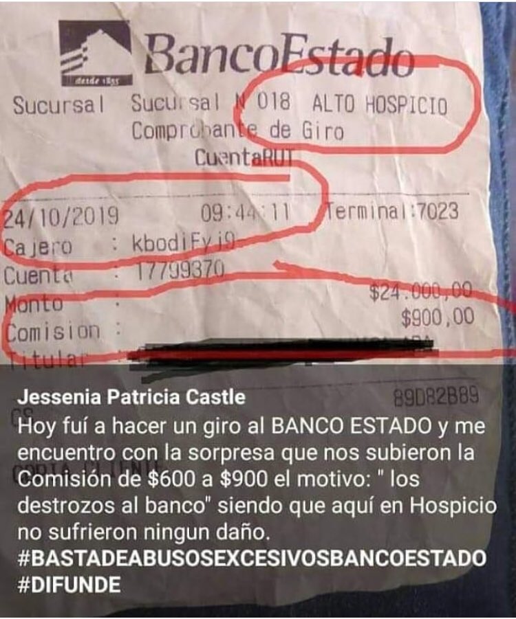 Gisella27837412's tweet photo. Mientras ustedes se entretienen con Julio César Marcela sabat @BancoEstado @patobancoestado nos están metiendo el pico en el ojo subiendo la comisión de giros en plena crisis social argumentando que  deben cubrir los desmanes de los últimos días #EstoNoPrendio #renunciochadwick https://t.co/VHlJZpJkOt
