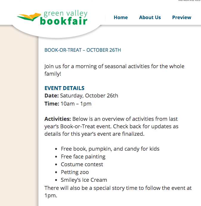 TODAY! So much fun for the whole family at Green Valley Book Fair  from 10a-1p!