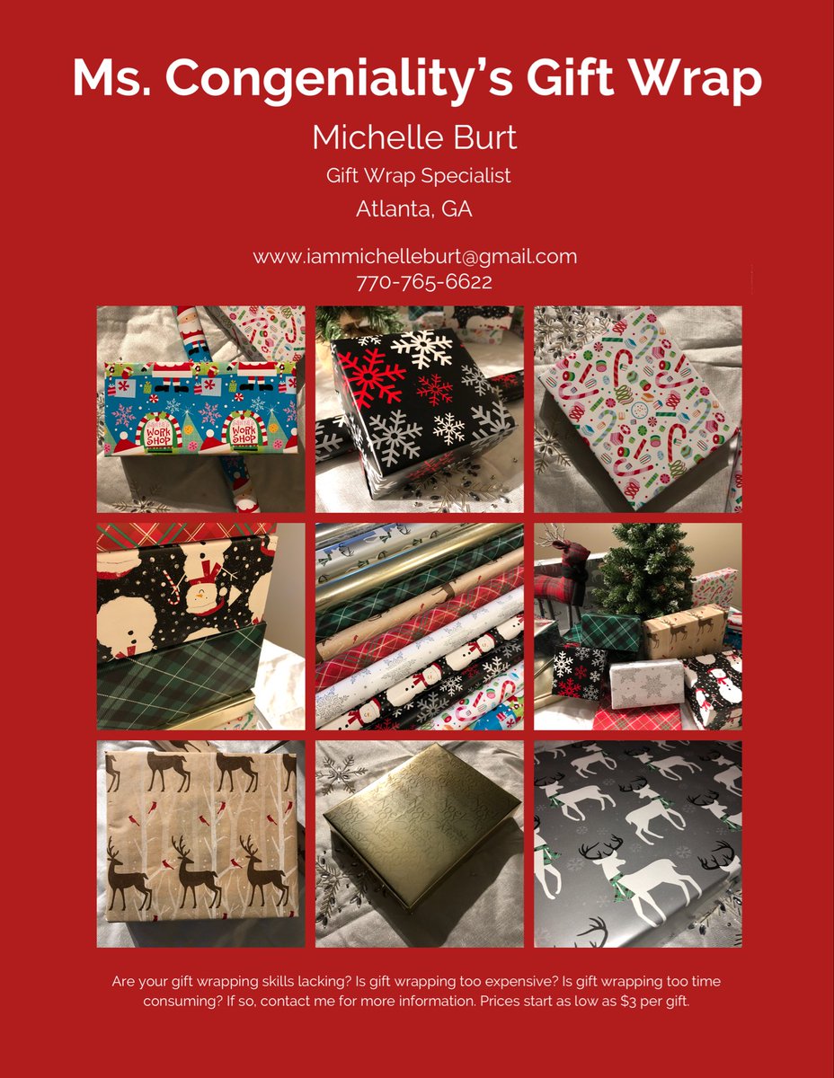 iammichelleburt's tweet photo. Ms. Congeniality’s Gift Wrap is happy to service you! Contact me today! #GiftWrap #GiftWrapping #GiftWrapper #GiftWrapService #atlanta #Gwinnett #holidays #Christmas #gifts #presents #HappyHolidays https://t.co/o1NtMQIAL1