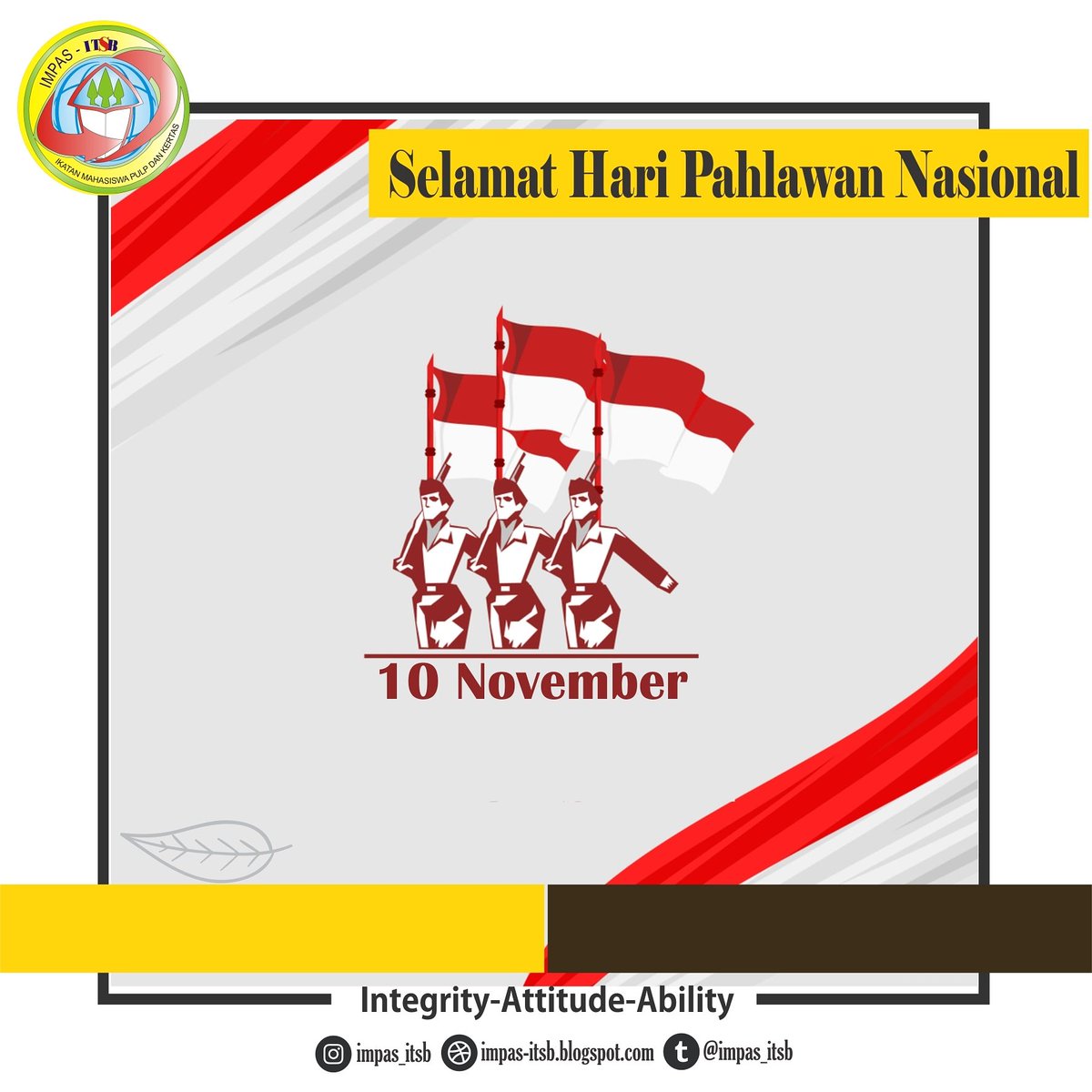 Selamat hari pahlawan 

Mari kita lanjutkan perjuangan para pahlawan untuk membangun Indonesia lebih baik dan jadilah pahlawan masa kini yang dapat membanggakan negeri 🇮🇩
#HariPahlawan2019