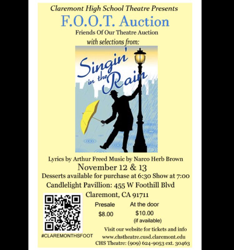 Claremont2129's tweet photo. Foot auction Pre-sale tickets are up and selling! Buy them fast so you can see some amazing selections and bids on some great goods.

This year’s FOOT Auction will be featuring musical selections from Sing’in in the Rain and other surprise numbers of our upcoming season! https://t.co/97H2XlJcH6