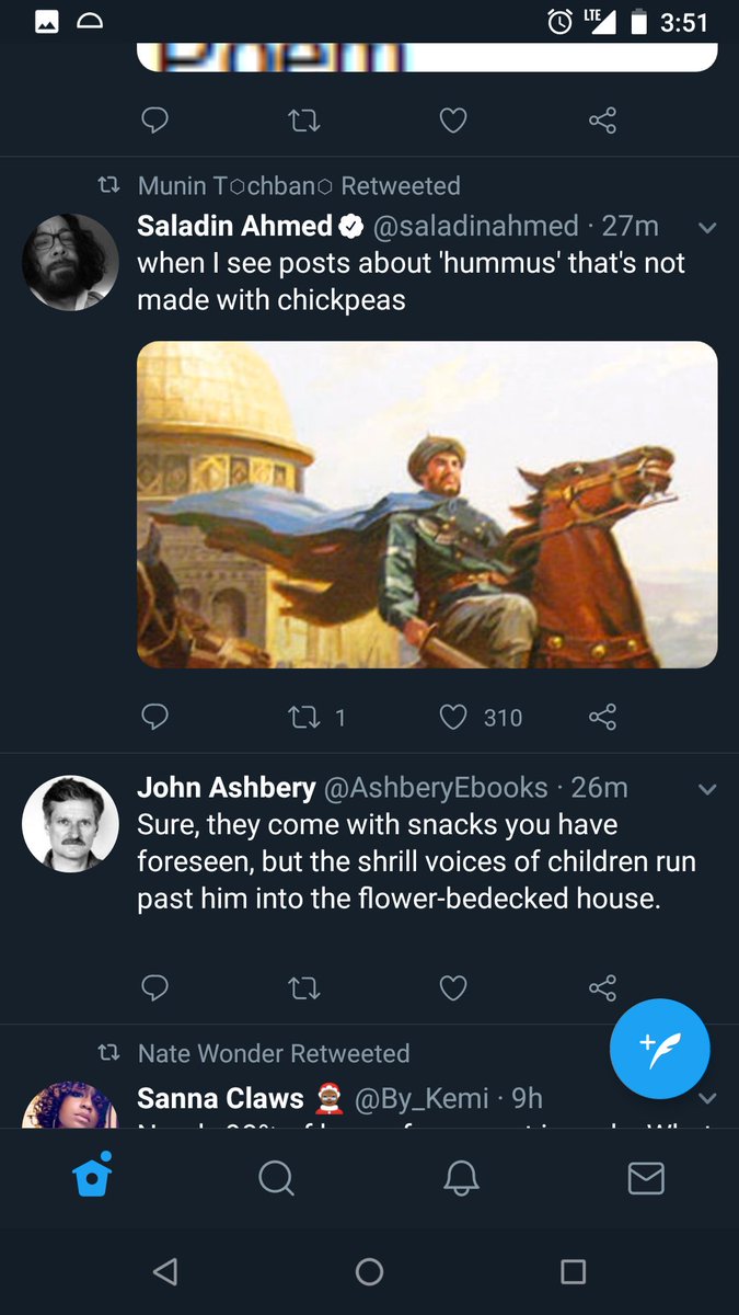 Screenshot of two tweets in sequence: one is a Muslim warrior going after anyone who makes hummus without chickpeas, second is fake John Ashbery poem, Sure, they come with snacks you have foreseen, but the shrill voices of children run past him into the flower -bedecked house