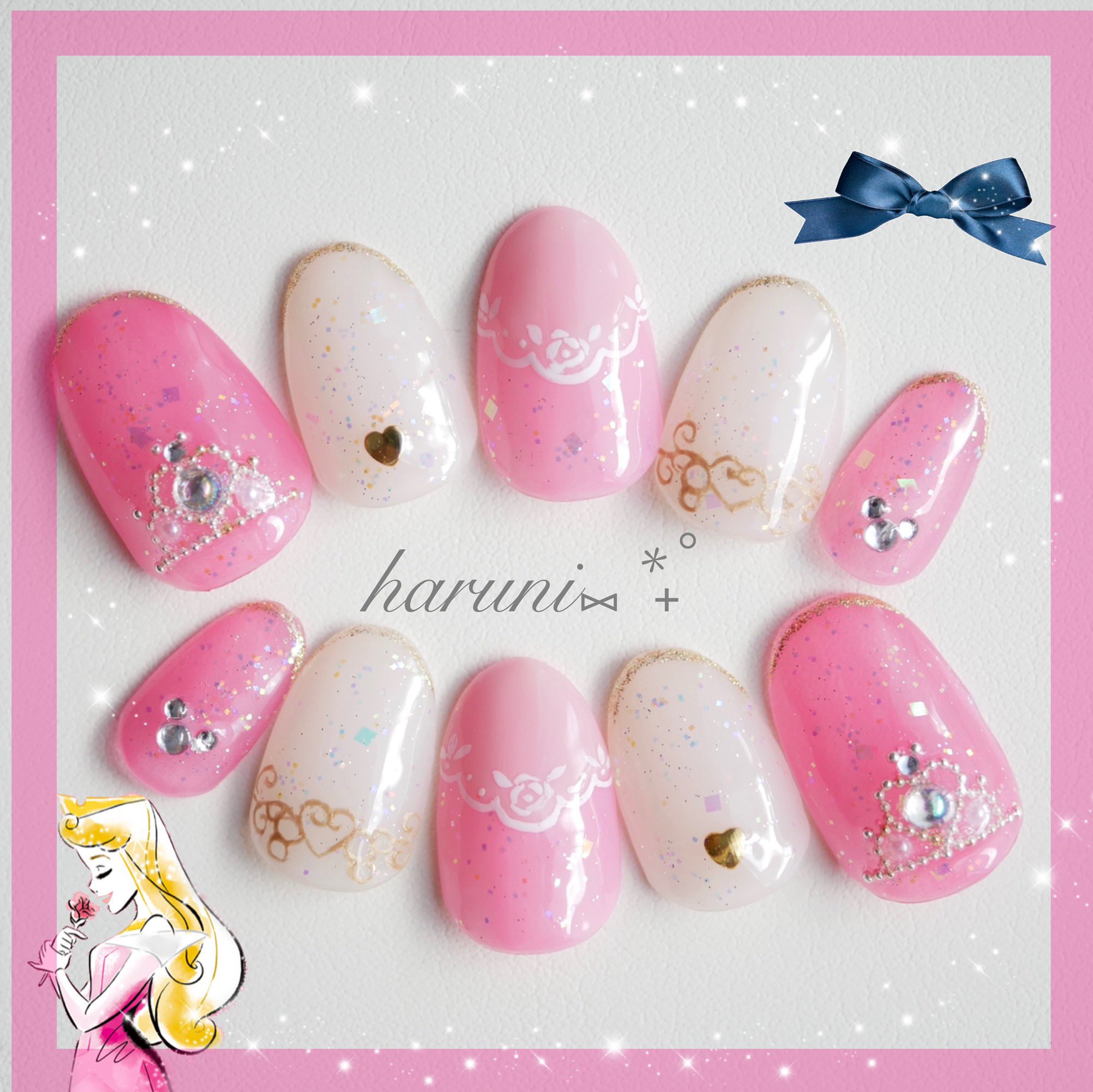 Haruni ୨୧ オーロラ姫ネイル୨୧ ご無沙汰でした 作成に追われて写真加工が追いついてない 素敵な素敵な花嫁さまからでした ミッキーベール だいぶサラッと描けるようになりました ブライダルネイル ディズニーネイル