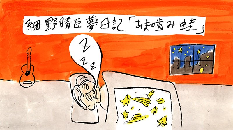 そういえば現在公開中の細野晴臣さんのデビュー50周年を記念したドキュメンタリー映画「NO SMOKING」の劇中の「甘噛み蛙」という夢日記の絵を描きました。一見、慌てて描いたラフな絵のように見えますが、少しだけ、慌てて描きました。 
