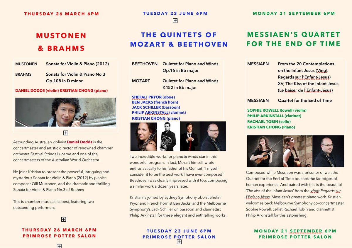 kristianchong's tweet photo. Announcing the 2020 Kristian Chong + Friends Series at @MelbRecital! 3 concerts, March, June, September featuring composers Olli #Mustonen, #Messiaen #quartetfortheendoftime #vingtregards #Beethoven + #Mozart #quintets and Brahms #Op108 https://t.co/e9MH5T4lhG
