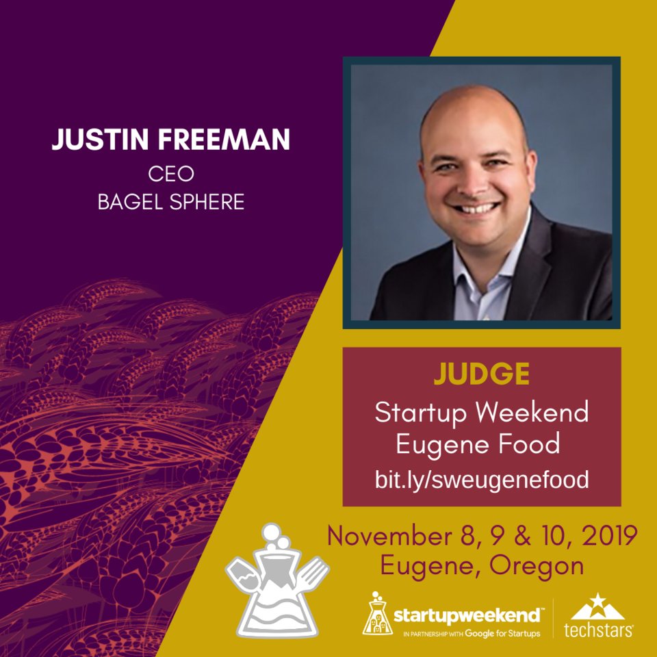 Justin Freeman, owner of @BagelSphere, is helping judge our #StartupWeekend #Food participant's pitches at the end of the day on Sunday. Thank you Justin! You can buy tickets for the Sunday event (with dinner!) too! bit.ly/sweugenefood