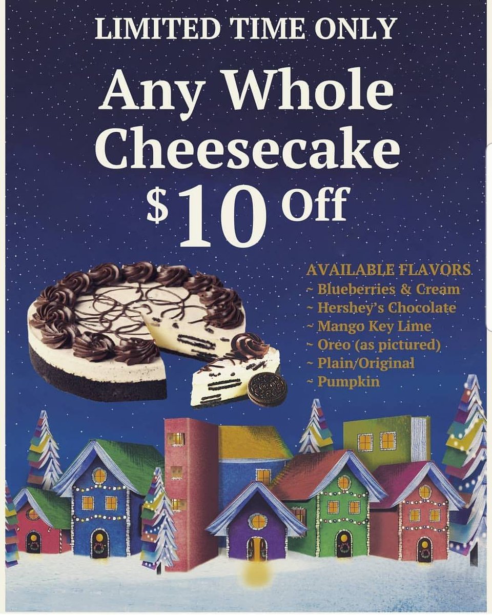 Pre-order your holiday #cheesecakefactory cheesecakes now! $10 off whole cheesecakes while supplies last! 14 slices that you can mix & match! 

#BNCafe #BNChico #cheesecake #classic #oreo #pumpkin #blueberriesandcream #whitechocolateraspberry #hersheys #mangokeylime