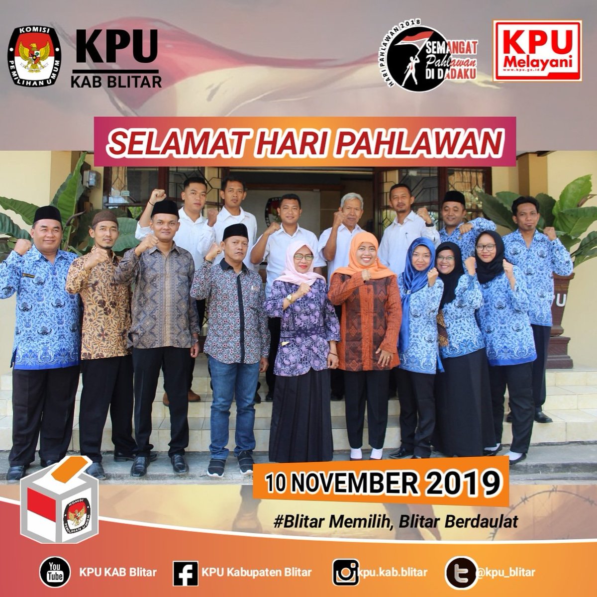 kpu_blitar's tweet photo. Selamat Hari Pahlawan Nasional
Dengan semangat Hari Pahlawan Mari kita sukseskan Pemilihan Bupati dan Wakil Bupati Blitar Tahun 2020. @KPU_ID @KPU_JATIM @Hadik4_HS @BahakSaja @nikmatusai @KustatikRulie @roesd5 @gogotcb @masanam18 https://t.co/YEYp3wCVQE