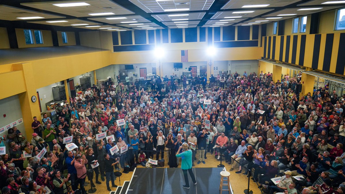 Elizabeth Warren greets crowd of supporters at Goose Creek town hall.