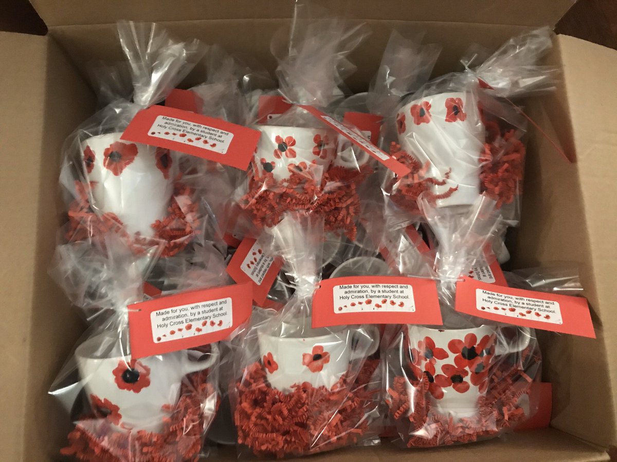 The poppy pins and mugs are all packaged up and ready to go to the @prvhc_seniors for #RemembranceDay Monday. Very proud of the @HolyCrossOCSB #WEClub members’ finished products. Great job, everyone! #OCSBBeCommunity