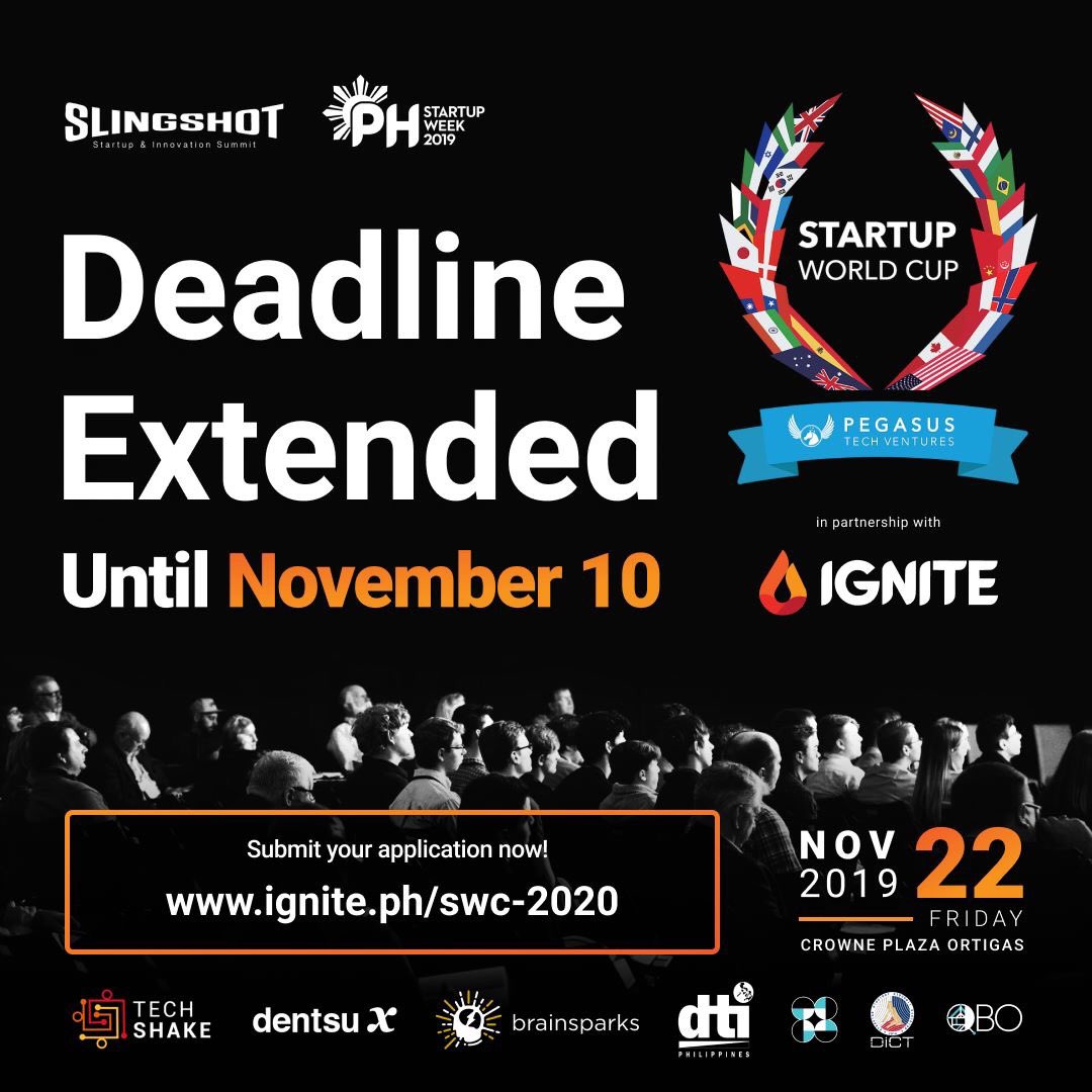 igniteph's tweet photo. Yes, you read that right! We're extending the deadline of the application for the Startup World Cup Regional Pitch Competition until November 10, 11:59PM. Don't miss the opportunity and apply at https://t.co/FU84eLR9zE

#SWC2020 #IGNITE2020 #PHSW2019 https://t.co/fGSzE8iFB4