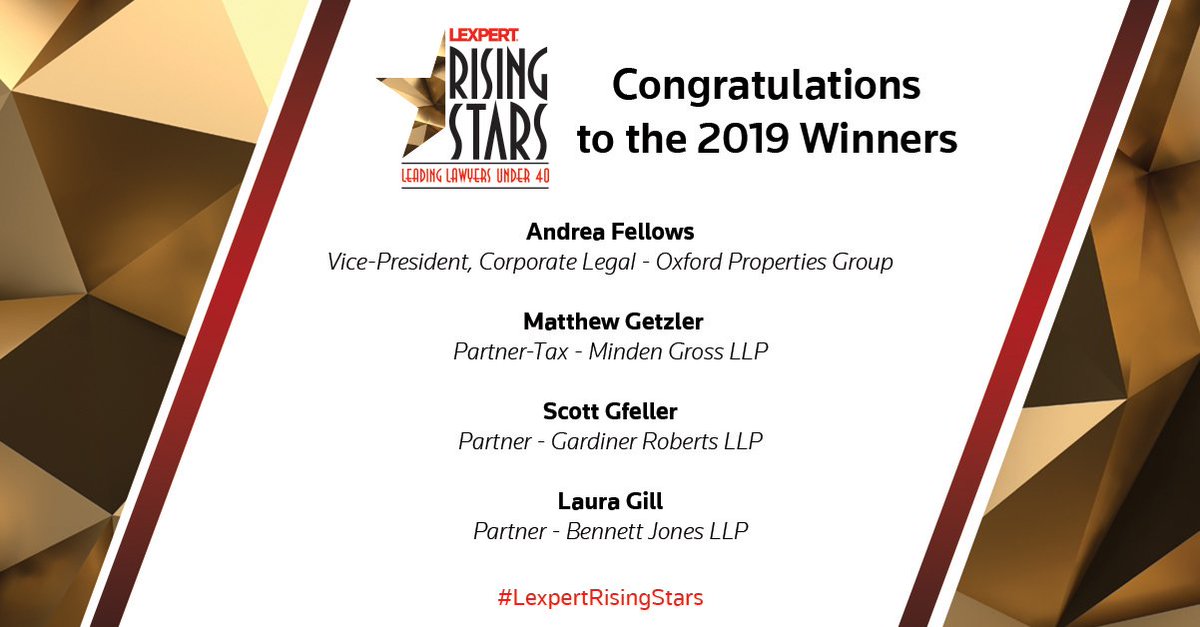 Lexpert's tweet photo. Let's give a hand to this year's #LexpertRisingStars — Andrea Fellows of @OxfordPropGroup, Matthew Getzler of @MindenGross, Scott Gfeller of @GRLLP, and Laura Gill of Bennett Jones LLP. https://t.co/Zm0Fv4Vtcn