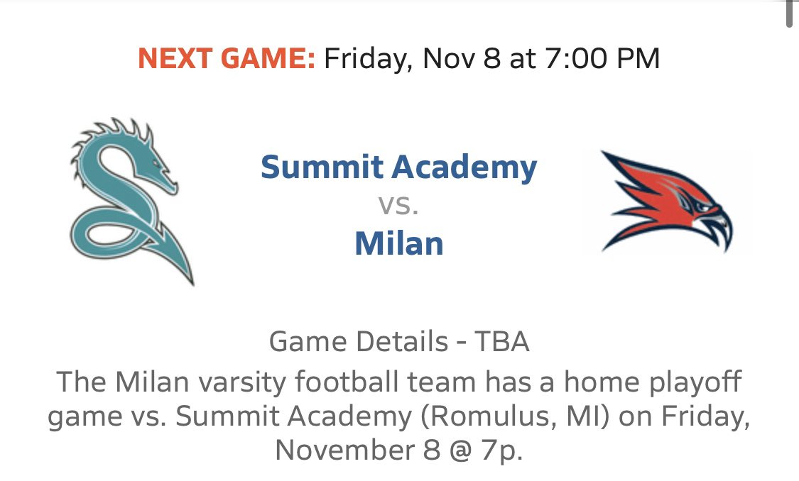 Hey Milan Big Reds! Congrats to our Varsity Football boys on making it to the District Championship! Come show your support this Friday at MHS for our blackout theme. Go big, go red, or go home!