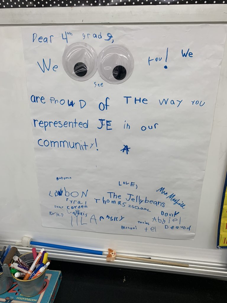 We received such a sweet note and cool new crayons from <a href="/maxfieldl1/">Leasa Maxfield</a> Kindergarten class today. Such a great  way to spread kindness! Thanks for the compliments! ❤️ #4thgrade #kindness #bestjeffersonever