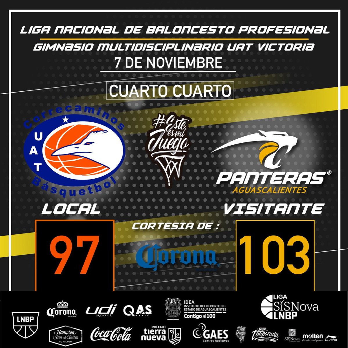 Panteras regresa a la senda del triunfo tras, vence a <a href="/CorrebasketUAT/">Correbasket</a>  en su casa.
<a href="/LNBPoficial/">Liga Caliente.mx LNBP</a>
<a href="/PanterasSomos/">Panteras Aguascalientes</a>
 #agsterritoriopantera #sientetujuego #LNBPlaTienesQueVivir #EsteEsMiJuego #LNBP20192020