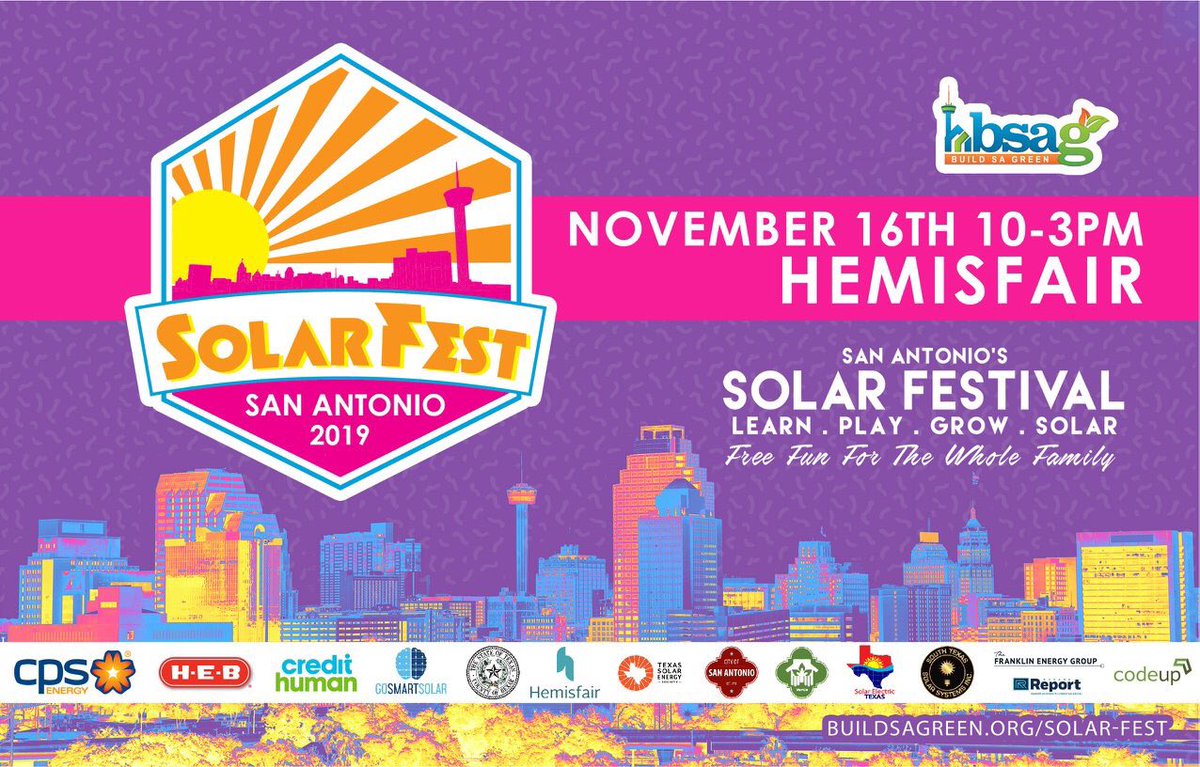 hemisfair's tweet photo. Grab the family, grab a bike or catch a bus to Hemisfair for a day of family fun & learning! Sat., Nov. 16 @BuildSAGreen presents Solar Fest, a free event from 10am-3pm. Enjoy music, local artisans, food & engaging activities!https://t.co/synTcdTiGI #solarfest https://t.co/SDl9rjcQ4R