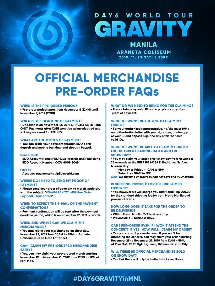 PH My Days, make sure to have your own #DAY6GRAVITYinMNL official merchandise! Pre-order period is until tomorrow 12NN via this link: bit.ly/DAY6GravityMNL…

Read through the OFFICIAL MERCHANDISE PRE-ORDER FAQs for more information.

Hope to see you all on 11/23 at @TheBigDome!