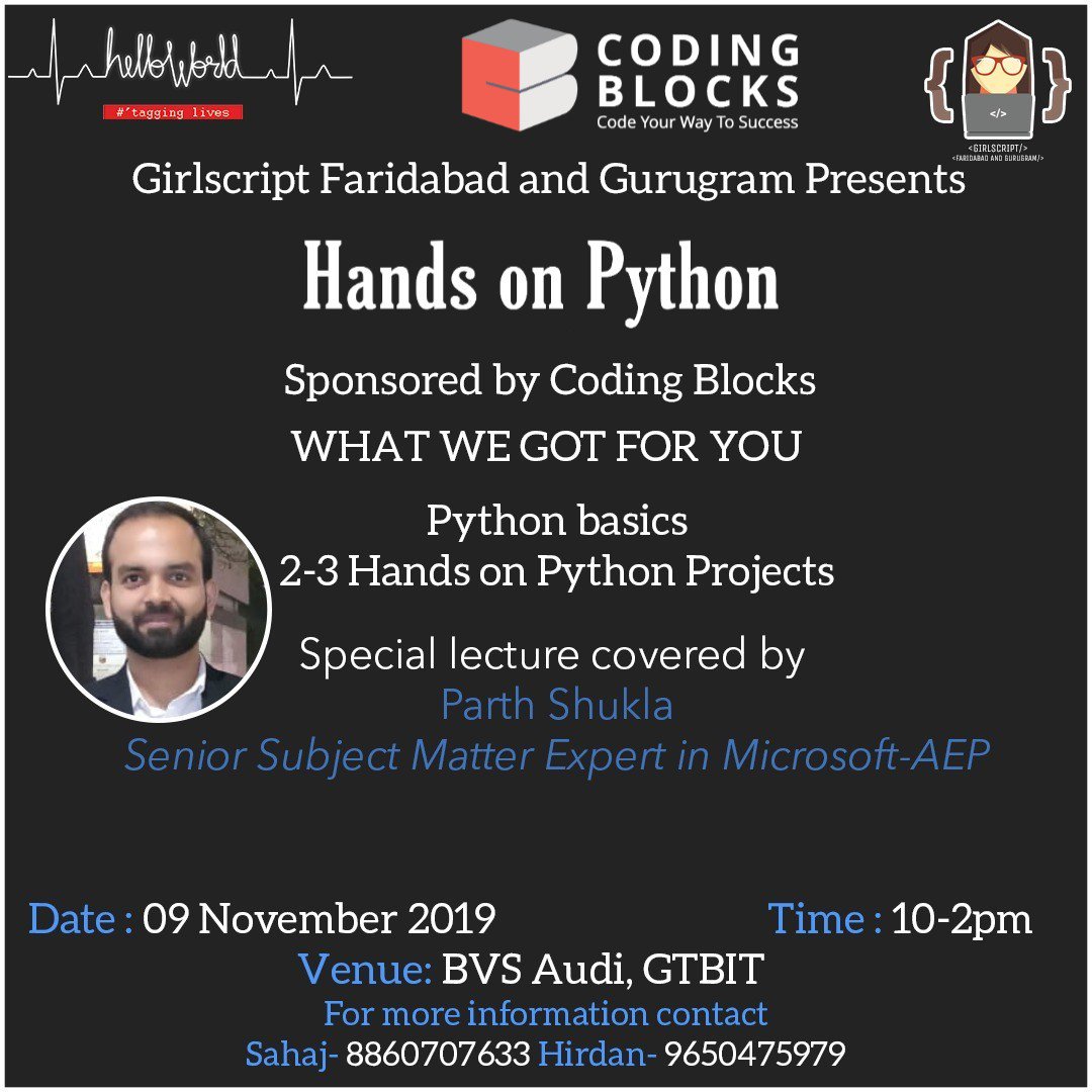 girlscript_fbd's tweet image. Register here if you don't yet - bit.ly/2K01jgm
Join us in our #HandsOnPython event which is going to be organized by @girlscriptfbdgr & sponsored by @CodingBlocksIn tomorrow.
Will see you all tomorrow 🤝
#Python #quiz #Delhi #NCR #Faridabad #Gurugram #LatestEvent