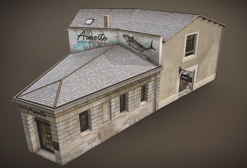 gruny's tweet image. I still have to work on the usual roof variations and texture adjustments and this Galician restaurant should be able to open ;) #CitiesSkylines @Cities_PDX @armesto3D
