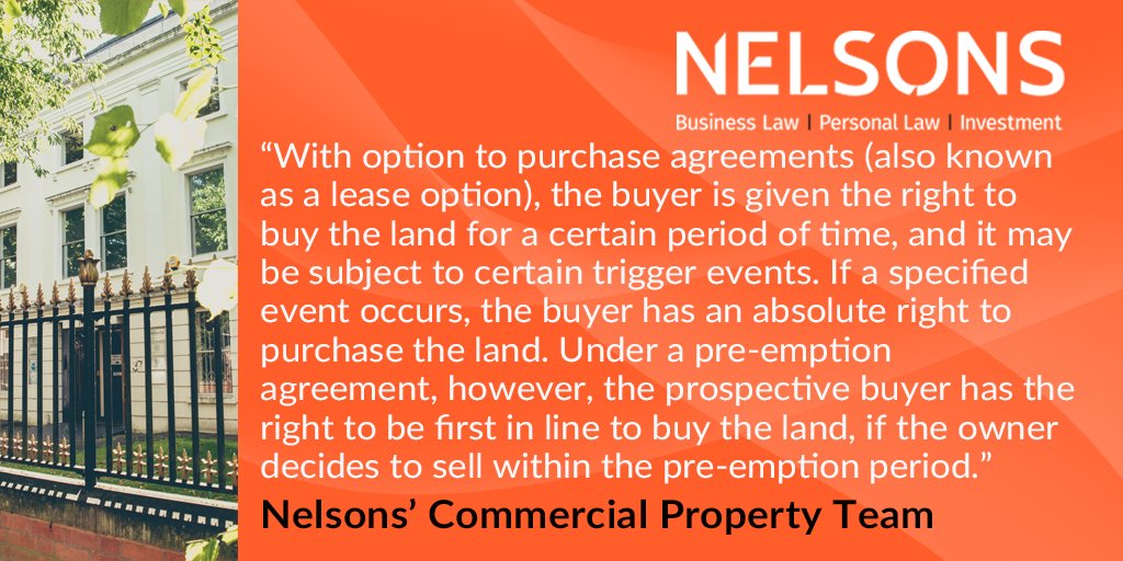 Nelsons_Law's tweet photo. Those looking to buy or sell land will generally include an #optiontopurchase or #preemptionagreement in the deal but what are they and how do they differ? Find out here: https://t.co/YxqVXdKZ7L #Blog #CommercialProperty https://t.co/zSj87imLxi