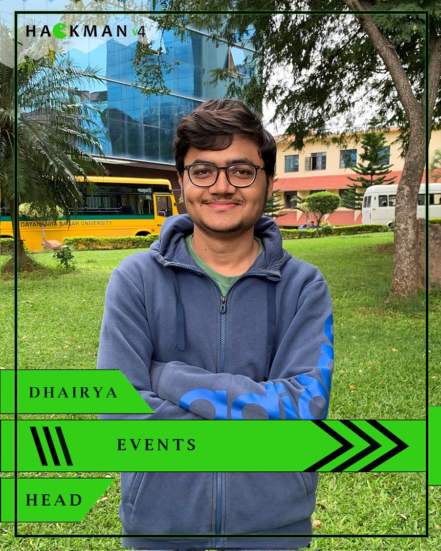 WeAreHackman's tweet image. Dhairya patel
Technical &amp;amp; Non Technical Events&apos; Head
#TeamHackman #dayanandasagarcollegeofengineering #hackathons  #hackman  #coder #coding #opentheme  #24hrhackathon
#Hackmanv #events