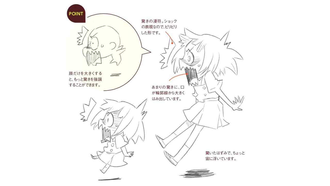Twitter 上的 玄光社 超描けるシリーズ 超描ネタ帳 驚いた時のデフォルメ表現はとにかく大げさに 口を輪郭からはみ出させたり 顔だけを大きくすることも効果的ですよ 濱元隆輔さん Ryumoto 著 デフォルメキャラの描き方 より T Co Mmci9vdfml