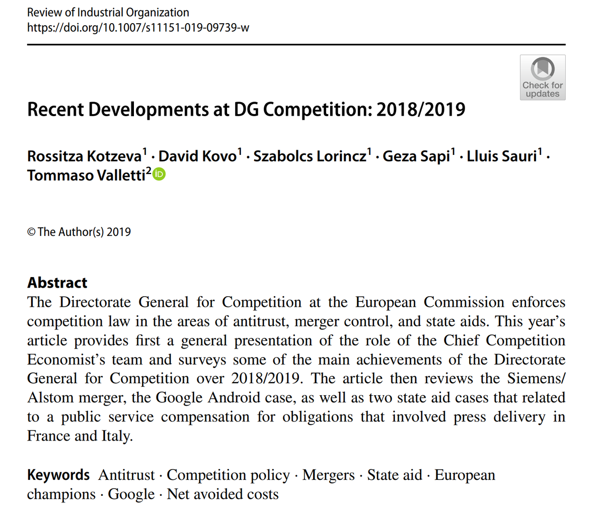 TomValletti's tweet photo. Do you want to read about Alstom/Siemens, Google Android, or net avoided costs in State Aid DIRECTLY from the amazing Chief Economist Team of @EU_Competition? "Recent Developments at DG Comp: 2018/2019".

https://t.co/DaLicBUKUB

(You don't need a subscription: Open Access.) https://t.co/fOIOcp7pgQ