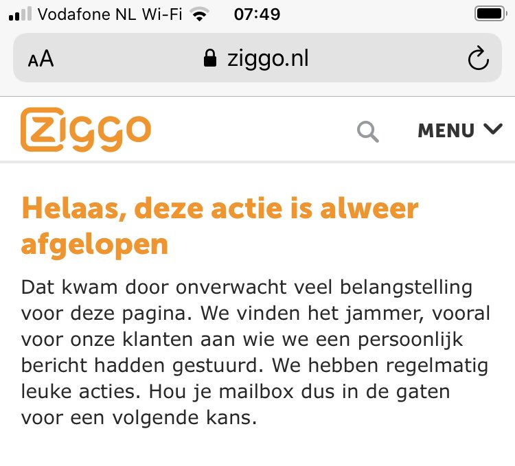 Denk je, goh wat leuk. Word ik verrast met een kadootje omdat ik zo lang klant ben van <a href="/ZiggoCompany/">Ziggo</a>. Log je vrij snel ik na het ontvangen vd verrassingsfolder, krijg je dit #fail #slechteactie