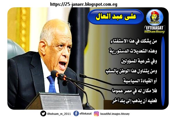 عن مبادرة النائب احمد طنطاوى -- علي عبدالعال من يشكك في هذا الاستفتاء وهذه التعديلات الدستورية وفي شرعية المسؤولين ومن يتناول هذا الوطن بالسلب أو القيادة السياسية فلا مكان له في مصر عموما فعليه أن يذهب إلى بلد آخر