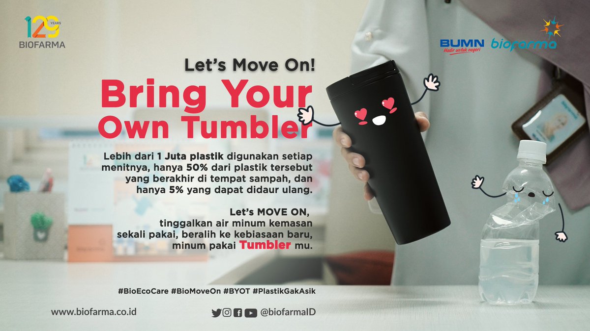 biofarmaID's tweet image. Mau jadi apa Kita nanti kalau Bumi terus dihujani sampah plastik tak terkendali? #LETSMOVEON sebisa mungkin tinggalin air minum kemasan sekali pakai, #BringYourOwnTumbler dan jadi bagian dari upaya pengurangan sampah plastik ! 
#BYOT #BioSustainableBusiness #PlastikGakAsik