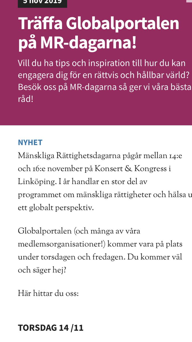 Träffa @Globalportalen på #mrdagarna och få aktivistrådgivning och engagemangssnack! 
globalportalen.org/artiklar/nyhet…
#rättentillhälsa