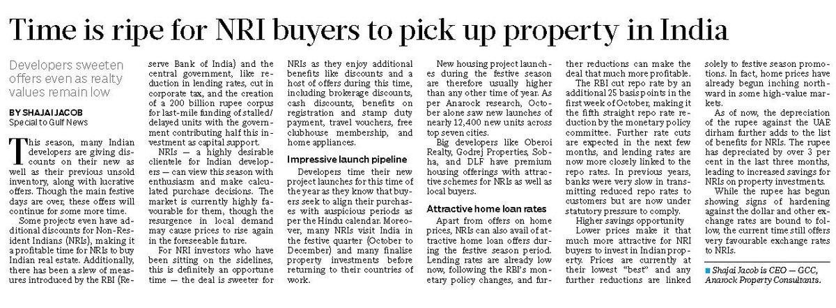 ANAROCK's tweet image. #NRIs are a favoured clientele for Indian #realestate developers and can now make calculated #property purchase decisions. @ANAROCK GCC CEO Shajai Jacob&apos;s article in Gulf News bit.ly/2NqxGH4