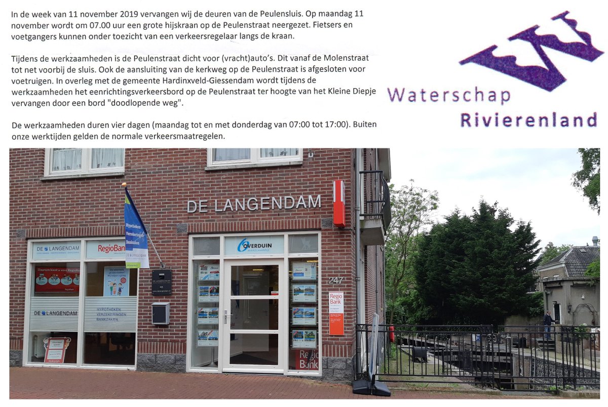 Vanaf maandag 11 november worden de sluisdeuren van de Damsluis pal naast ons kantoor vervangen door <a href="/wsrivierenland/">Waterschap Rivierenland</a>. 
Wij zijn gewoon geopend, wel kan het wat overlast geven. Volg de aanwijzingen van de verkeersregelaar op. Dank voor uw begrip!