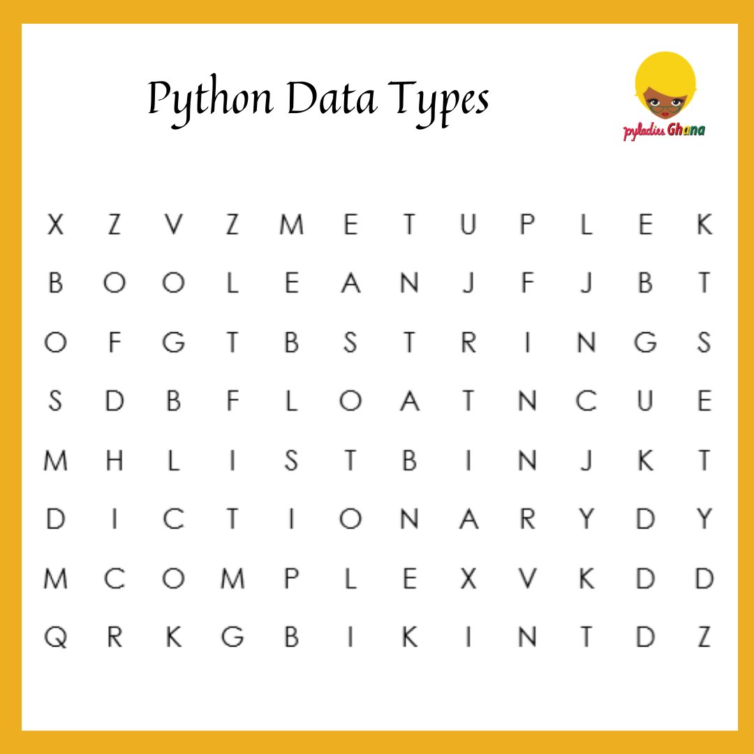 PyLadiesGhana's tweet image. Find the #Python Data Types hidden in the puzzle below. Define them and or give an example if you can.
Clue: Words are hidden ➡️and⬇️.
T&C: Each participant is required to find only one data type.
#PyLadiesGhana #FunFriday