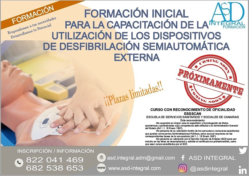 ASDIntegral's tweet image. ⚠️PROXIMAMENTE⚠️. Plazo de inscripción abierto. " Formación inicial para la captación de la utilización de los dispositivos de desfibrilación semiautomática externa".
☎️ 822 041 469
📱 682 538 653 / 675 839 509.