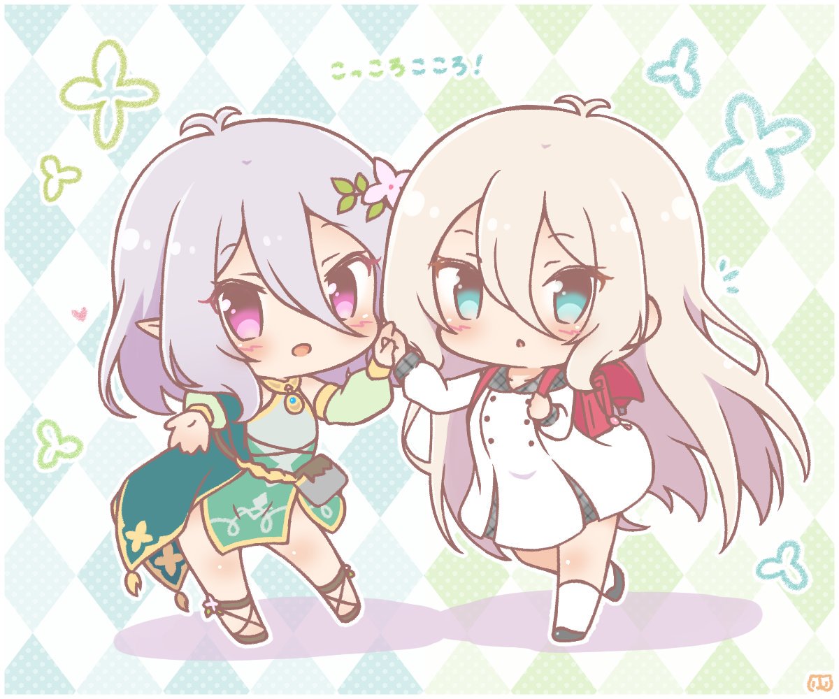 kokkoro (princess connect!) multiple girls 2girls elf pointy ears long hair chibi flower  illustration images