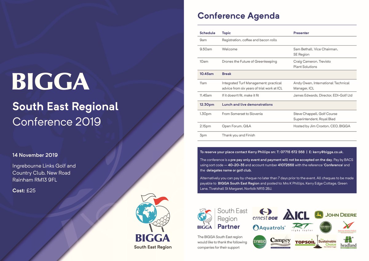 Last Chance to Book! Closing date 11th November.
email kerry@bigga.co.uk <a href="/BIGGALtd/">British & International Golf Greenkeepers Assn.</a> <a href="/BiggaSurrey/">BIGGA Surrey</a> <a href="/essexbigga/">Essex BIGGA</a> <a href="/BIGGAEastAnglia/">BIGGA East Anglia</a> <a href="/biggalondoners/">BIGGA London Section</a> @BIGGAkent