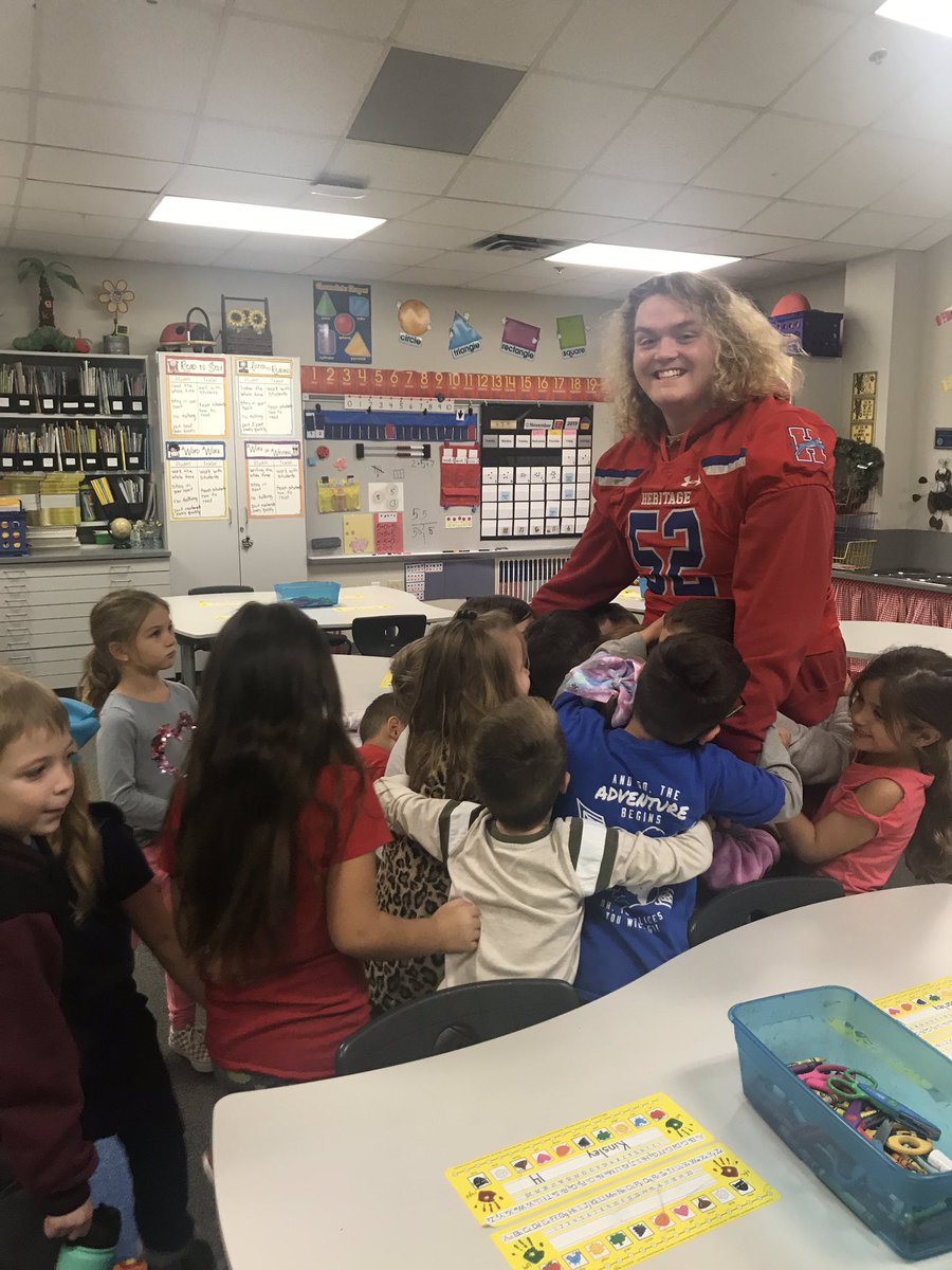 Christi__Howard's tweet photo. We have enjoyed Zakk SO much this season! To see the interactions between a senior  and a kindergarten absolutely warms my heart. Thank you for your kind heart Zakk. Good luck tonight and Go Jags! @Longbranch_Elem @HeritageFtball #misdhappy #misdproud #DLT  @ZRBrus23 @MtPeakMom https://t.co/ndrSNNJraC