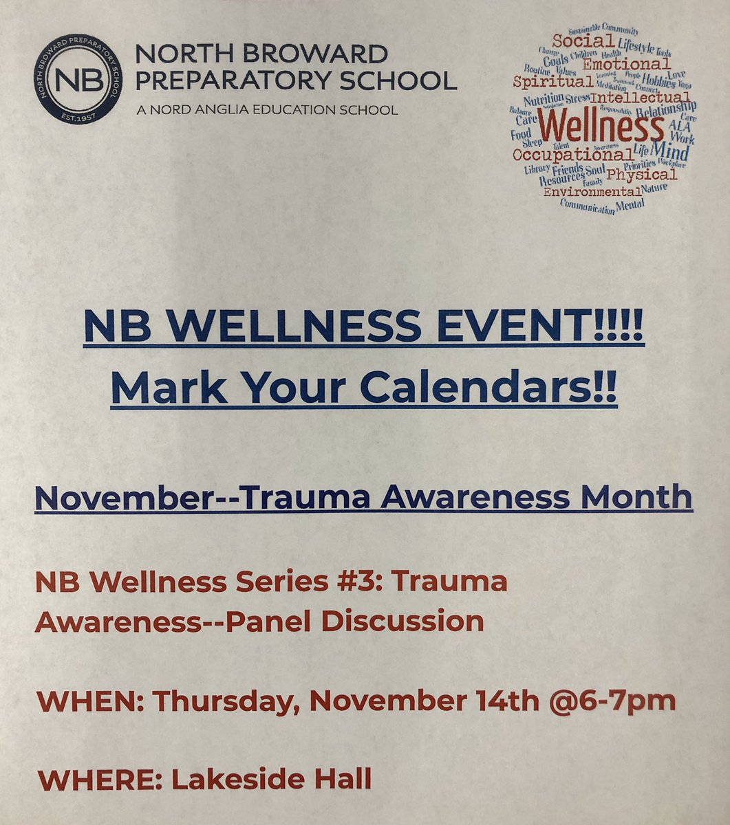 Sarah Smith (@psychteachnbps) on Twitter photo Please join us for the next NB Wellness panel discussion on Thursday, November 14th at 6-7pm in the Lakeside Lecture Hall! The topic is “Coping with Trauma”. #traumainformed #copingwithtrauma <a href="/NBPSEagles/">North Broward Prep</a> Please join us for the next NB Wellness panel discussion on Thursday, November 14th at 6-7pm in the Lakeside Lecture Hall! The topic is “Coping with Trauma”. #traumainformed #copingwithtrauma <a href="/NBPSEagles/">North Broward Prep</a>