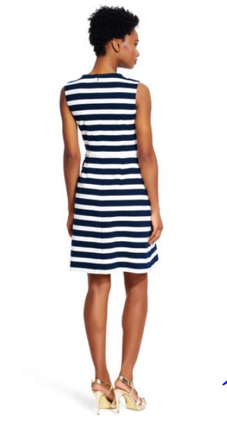 A fabulous a-line skirt dress from #AdriannaPapell with gold button detail and a horizontal stripe, you'll be all ready for that pre-Christmas break in the sun! Now 70% off. #GoodbuyJourdan