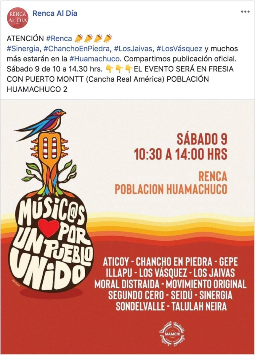 ATENCIÓN #Renca 📣📣📣📣
#Sinergia, #ChanchoEnPiedra, #LosJaivas, #LosVásquez y muchos más estarán en la #Huamachuco. Compartimos publicación oficial.  Sábado 9 de 10 a 14.30 hrs.  👇👇👇EL EVENTO SERÁ EN FRESIA CON PUERTO MONTT (Cancha Real América) POBLACIÓN HUAMACHUCO 2