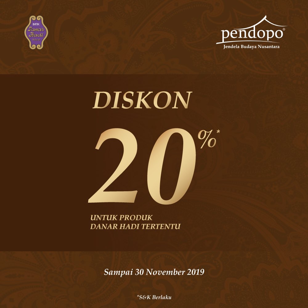 Nikmati promo diskon 20% yang berlaku hingga 30 Nov 2019.

Kunjungi Pop Up store Pendopo untuk miliki produk-produk menarik di The Garden (lantai GF) dan Resto Timur (Lantai 2) di Living World Alam Sutera.

#pendopoindonesia #livingworldmall #alamsutera