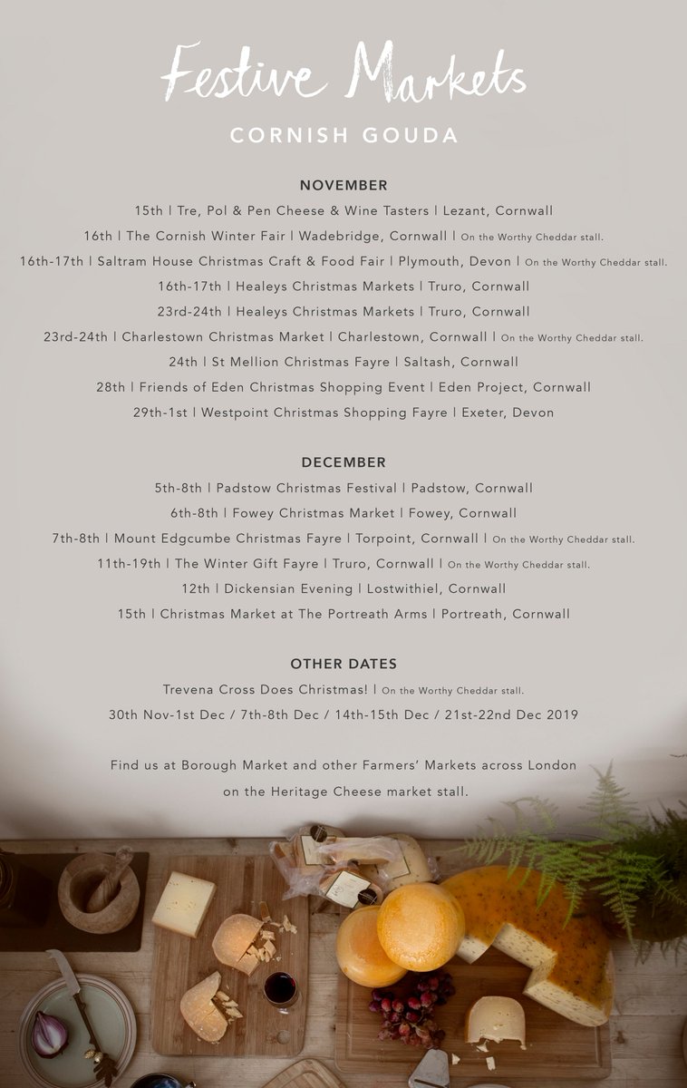 Cornish Gouda Co. (@cornishgoudaco) on Twitter photo As well as from our lovely stockists, you can try and buy Cornish Gouda at any of the markets listed below in the lead up to Christmas.
@heritagecheeseuk <a href="/worthycheddar/">Worthy Cheddar</a>
#cornishgouda #christmascheeseboard #artisancheese #christmasmarket #worthycheddar As well as from our lovely stockists, you can try and buy Cornish Gouda at any of the markets listed below in the lead up to Christmas.
@heritagecheeseuk <a href="/worthycheddar/">Worthy Cheddar</a>
#cornishgouda #christmascheeseboard #artisancheese #christmasmarket #worthycheddar