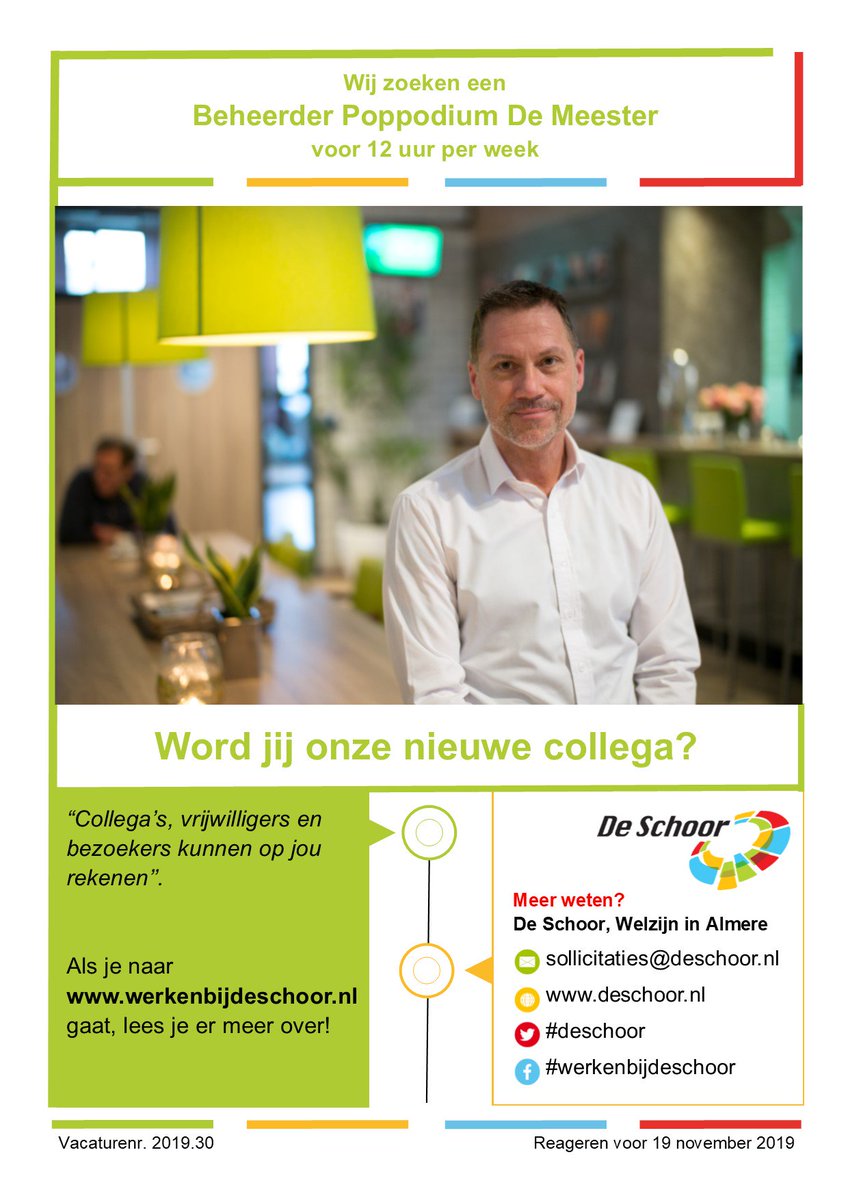 Vacature alert!
Voor Podium De Meester zoeken wij een beheerder voor 12 uur per week.
deschoor.nl/beheerder