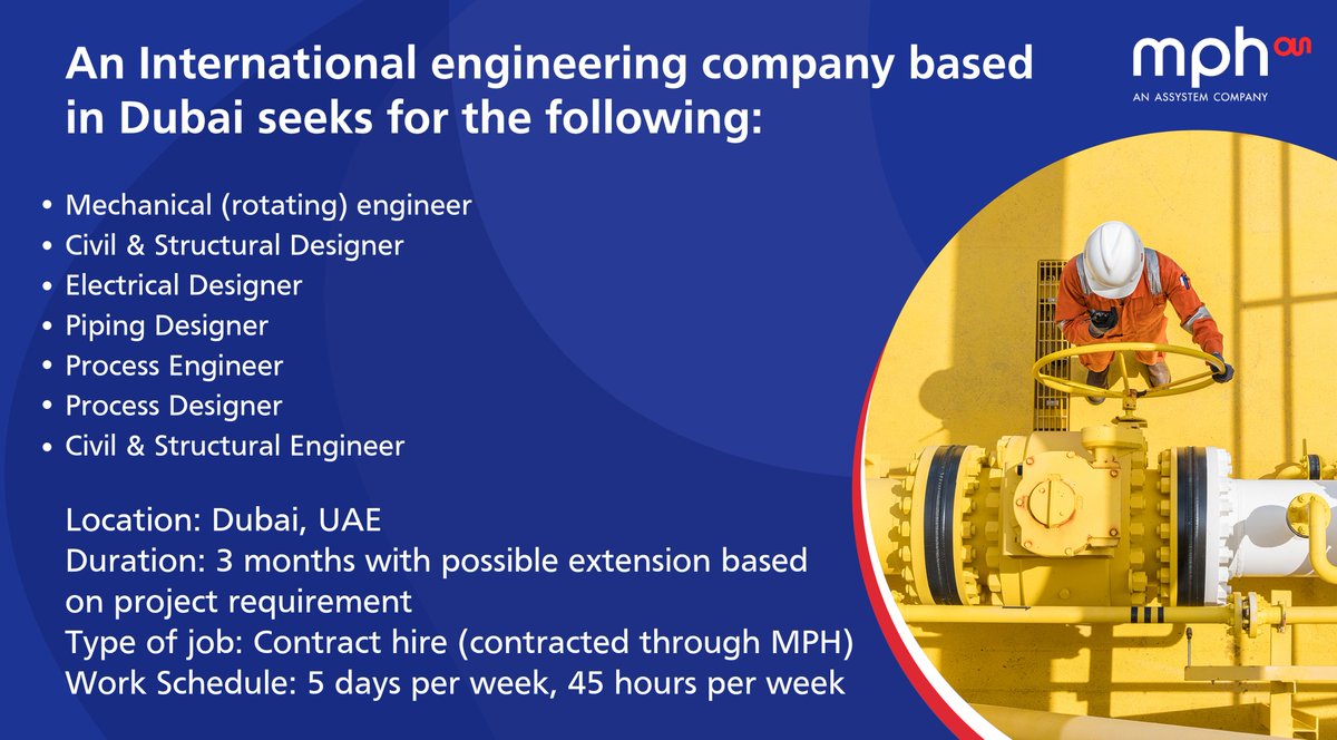 mph_global's tweet photo. #Hiring 

📍 URGENT POSITIONS in Dubai 📍
Immediate availability

👉 Send us your CV applications to hhuradon@mphglobal.net 
🌐 Do not forget to check our company website! https://t.co/bMMJAv8Lf2 

#ExpertsBeyondBorders #oilandgas #engineering #recruitment #mph #mphexperts https://t.co/m2HxooSwkX